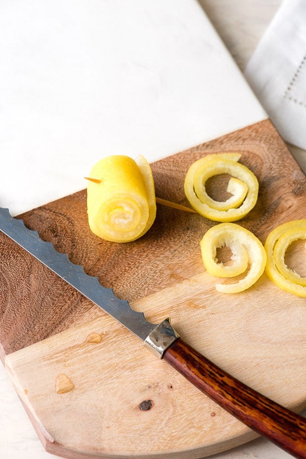 rolled lemon peel with toothpicks and sliced into lemon spirals