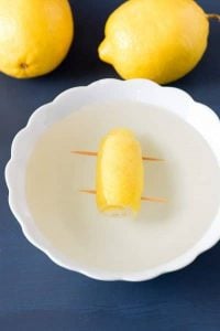 soaking rolled lemon peel for lemon curls