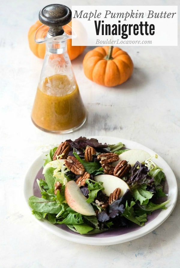 Maple Pumpkin Butter Vinaigrette. Tangy, sweet salad dressing that's perfect for any greens. Easy to make! #dressing #vinaigrette #salad #pumpkin #maple #easyrecipe #glutenfree
