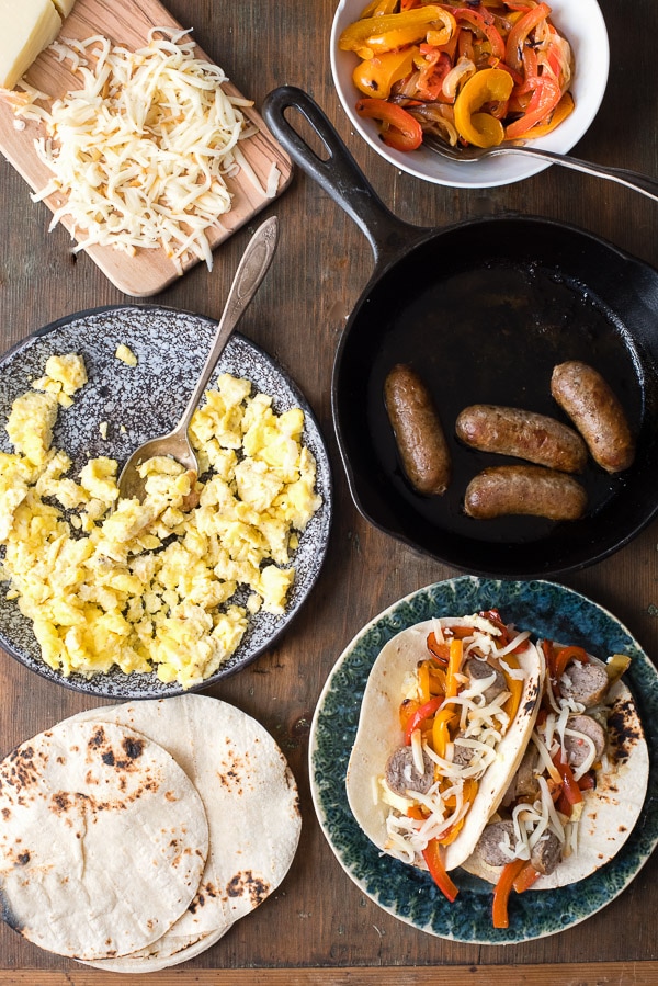 Sausage and Peppers Breakfast Tacos with ingredients