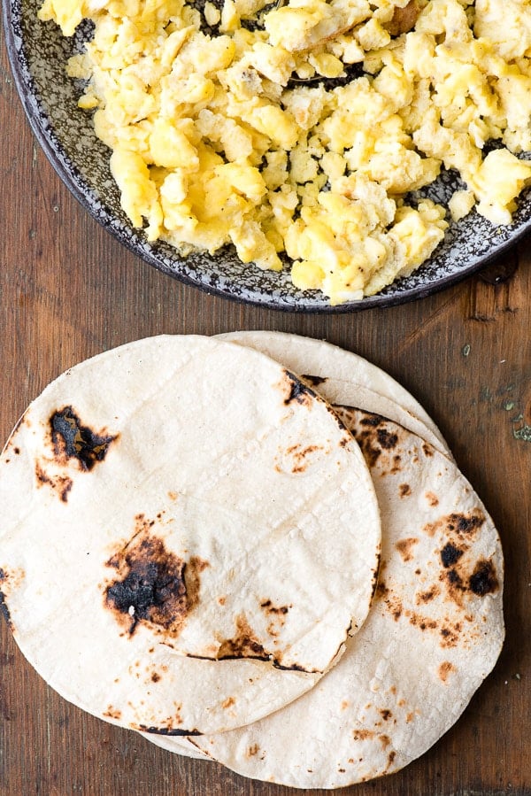 charred tortillas with scrambled eggs