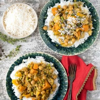 Slow Cooker Spicy Madras Vegetable Curry with Coconut Milk on rice