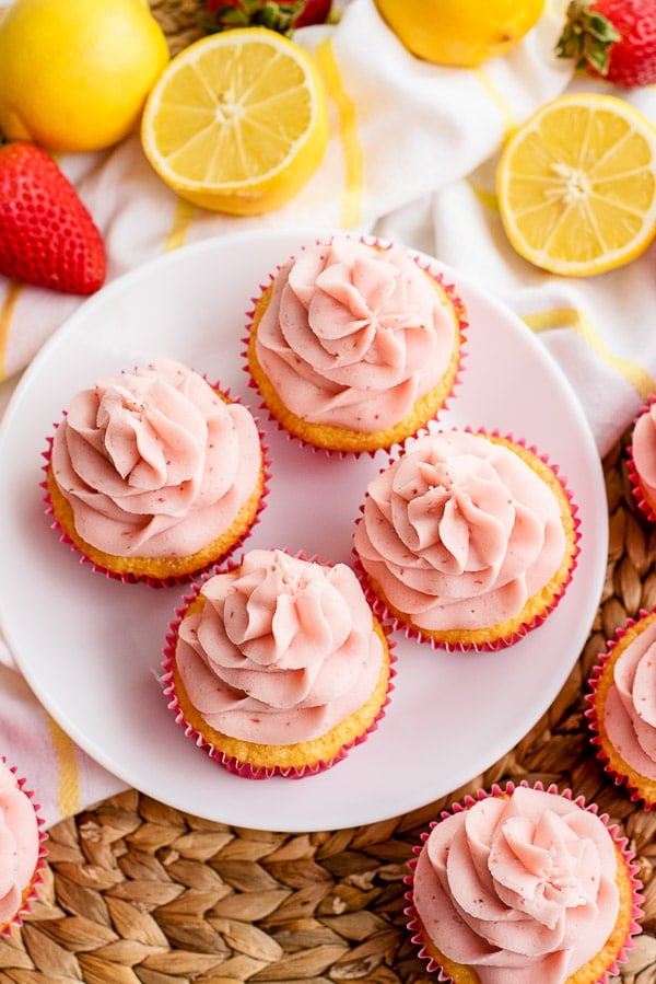 lemon cupcakes frosted with strawberry frosting