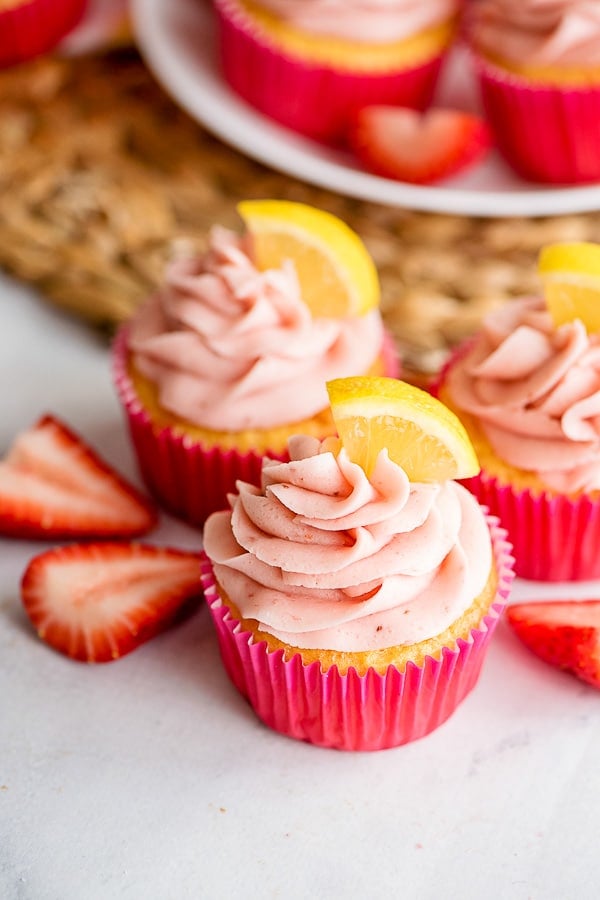 lemon cupcakes with strawberry buttercream frosting 