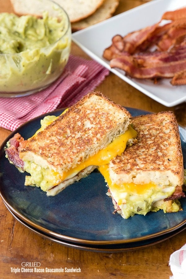 Grilled Triple Cheese Bacon Guacamole Sandwich. Sharp cheddar, spicy Pepper Jack and creamy Provolone cheeses 