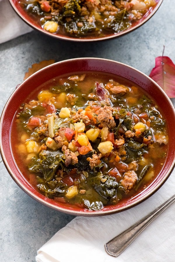 Slow Cooker Chorizo Kale Soup from side above
