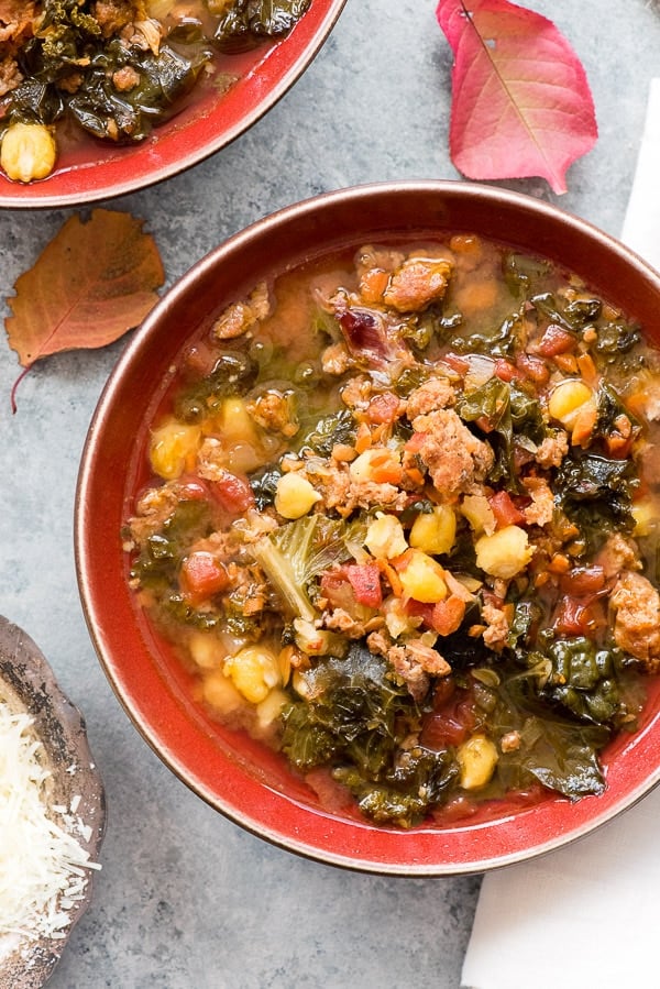 Slow Cooker Chorizo Kale Soup close up overhead