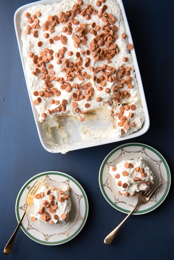 Snickerdoodle Salted Caramel Ice Box Cake in pan and on plate