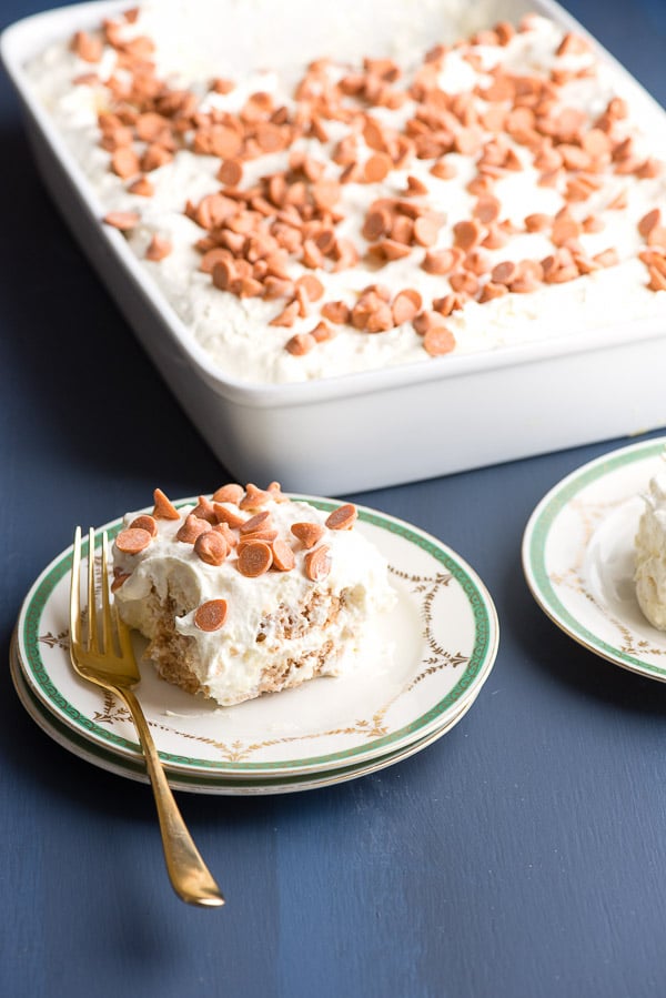 Snickerdoodle Salted Caramel Ice Box Cake piece on plate