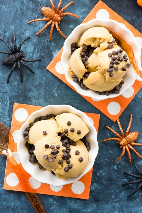 Vegan Pumpkin Spice Ice Cream with Mini Chocolate Chips from overhead