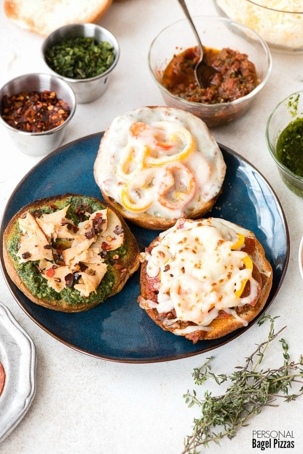 Personal Pizza Bagels on blue plate