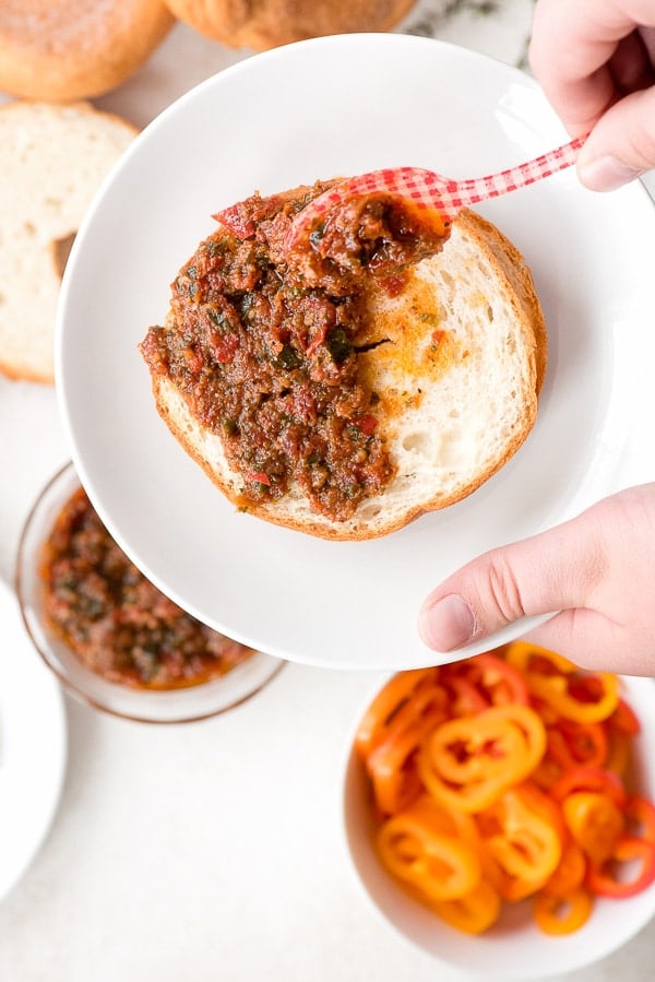 Personal Pizza Bagels with red pepper pesto.