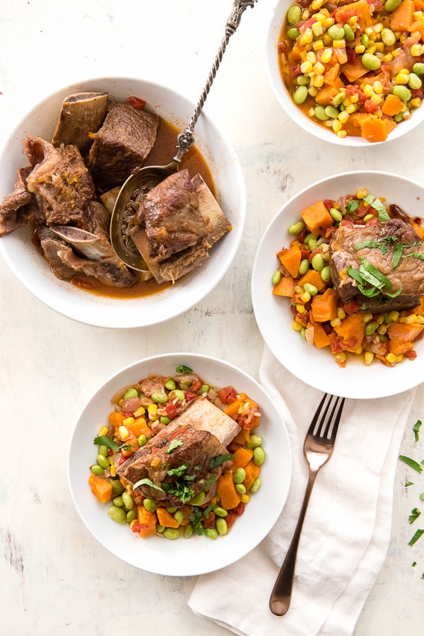 bowls of succotash with beef short ribs cooked in the Instant Pot