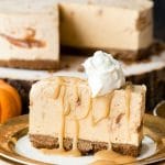 Pumpkin Cinnamon Ripple Ice Cream Pie with Salted Caramel Sauce. Bursting with fall flavor and easy to make. A great Thanksgiving no bake pie option! BoulderLocavore.com