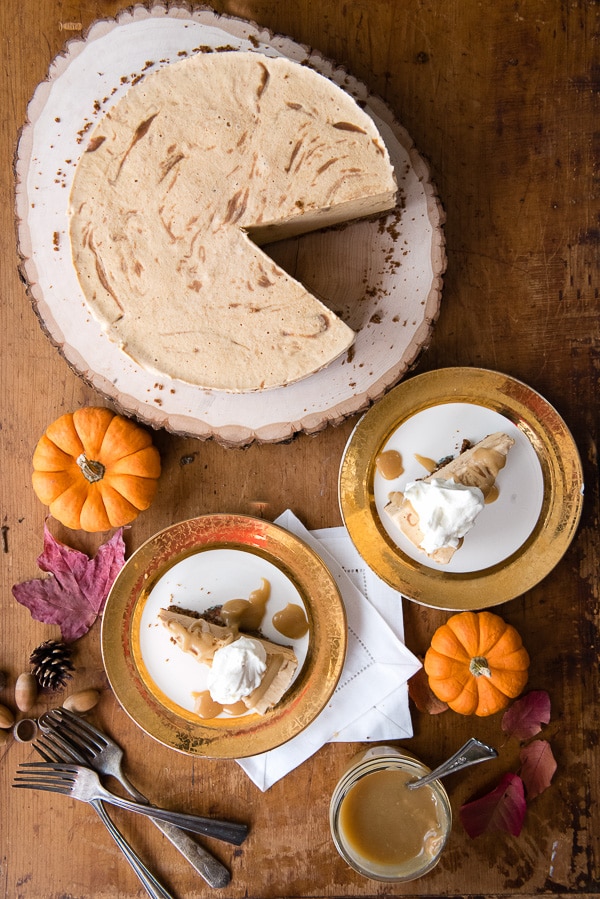 Pumpkin Cinnamon Ripple Ice Cream Pie with Salted Caramel Sauce slices 