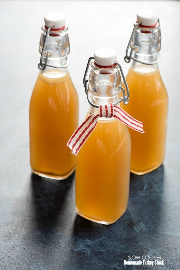 Slow Cooker Homemade Turkey Stock in bottles