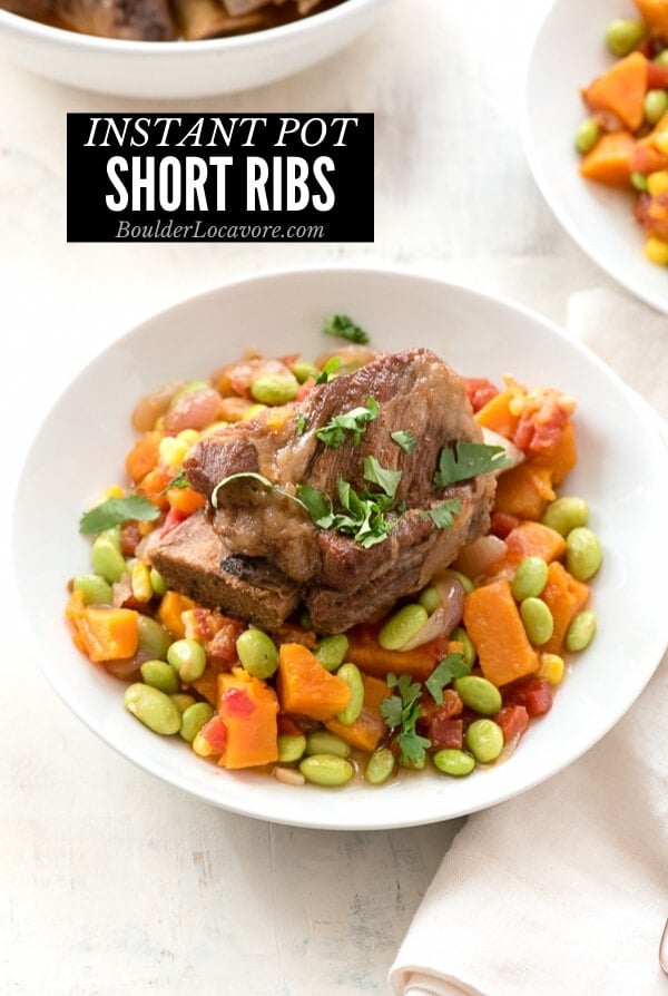 Instant Pot Short Ribs with Harvest Succotash in a white bowl