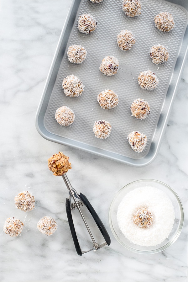 recipe process for Coconut Cranberry Granola Energy Bites. 