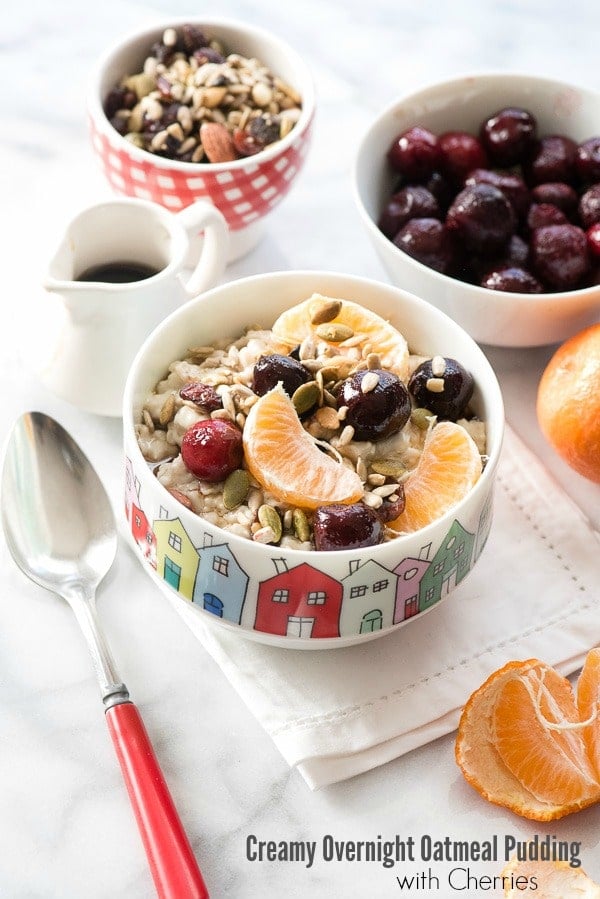 Creamy Overnight Oatmeal Pudding with Cherries