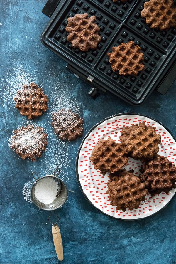 Double Chocolate Mint Waffle Cookies With powdered sugar