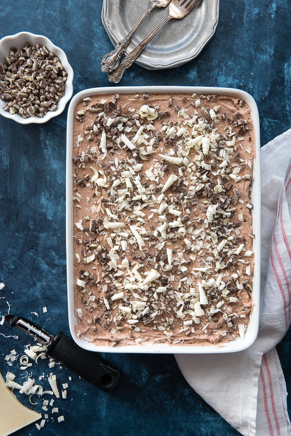 Overhead pan of Chocolate Mint Ice Box Cake.