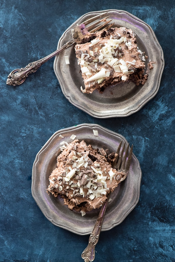 slices of Chocolate Mint Ice Box Cake on pewter plates