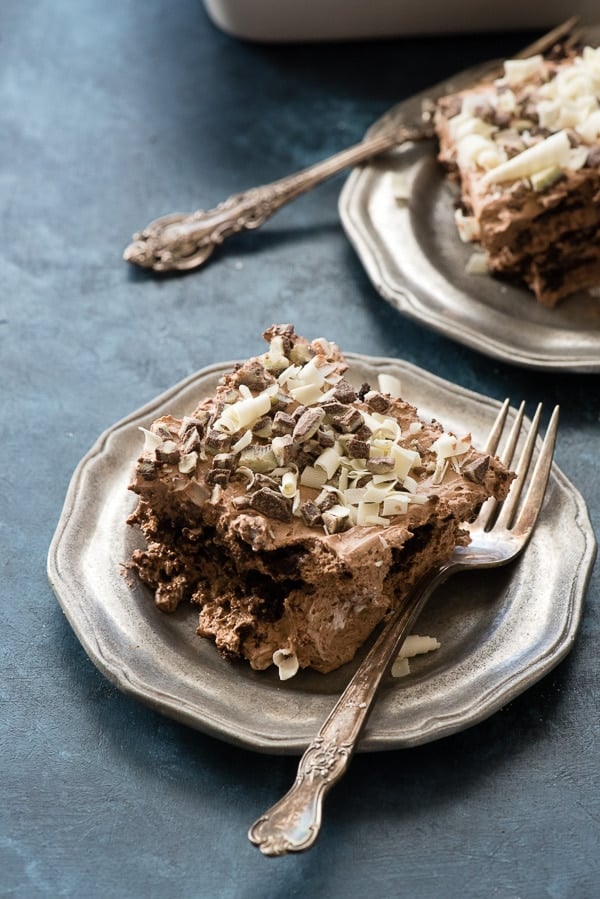 A piece of Chocolate Mint Ice Box Cake.