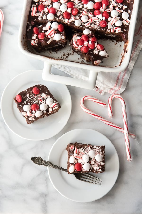 Overhead view of Fully Loaded Chocolate Peppermint \'Oreo\' Brownies