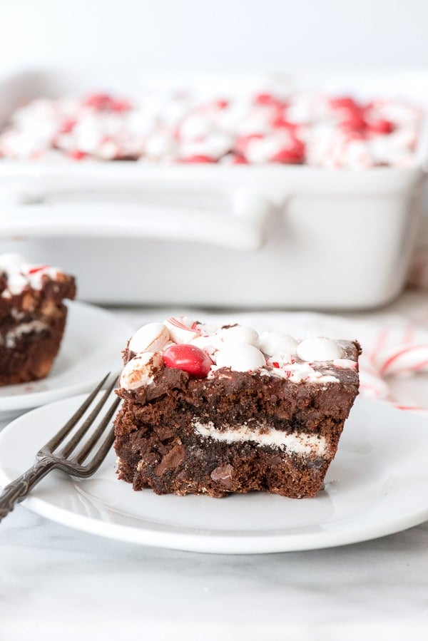 Side view of Fully Loaded Chocolate Peppermint \'Oreo\' Brownies