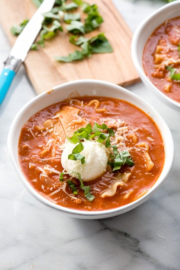 white bowl of gluten free Lasagna soup