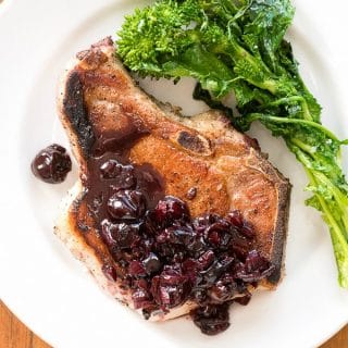 Pan-fried Brined Pork Loin Chops with Cherry-Port Sauce.