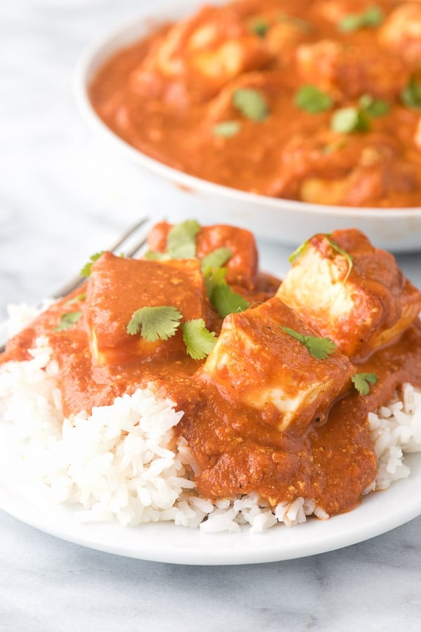 homemade Paneer Tikka Masala served over white rice