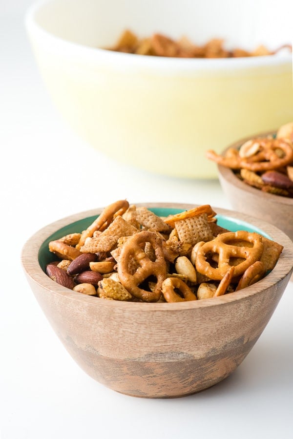 Bowl of slow cooker Chex Party Mix. 