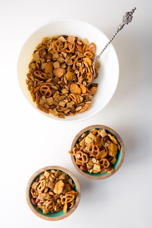 bowls of Chex Party Mix. 