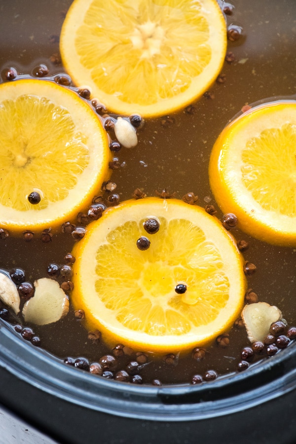 Mulled Apple Cider in slow cooker - closeup