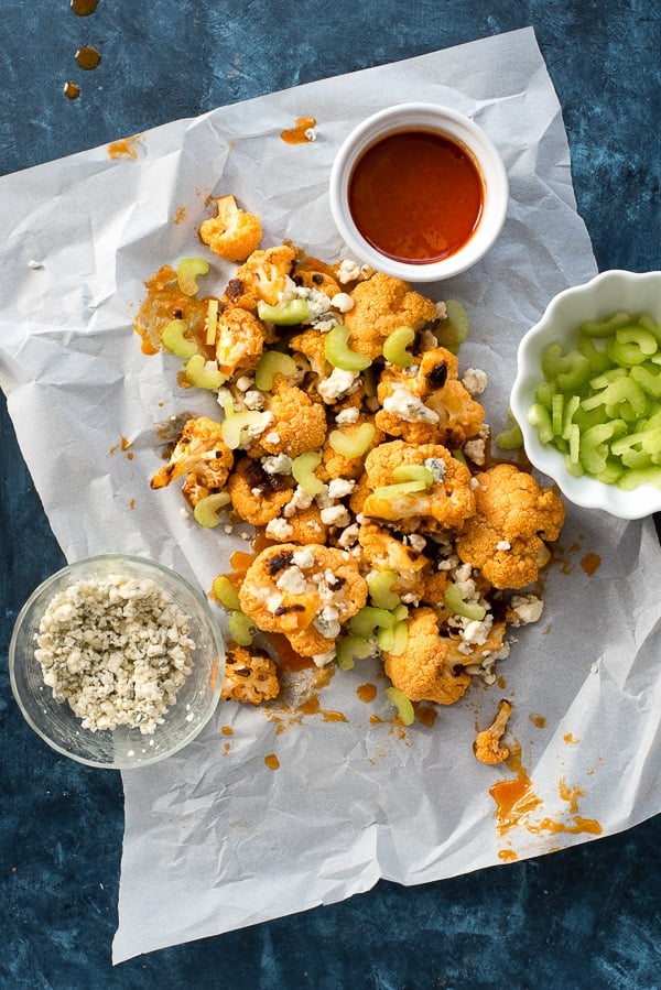 Overhead of Buffalo Cauliflower. with blue cheese 