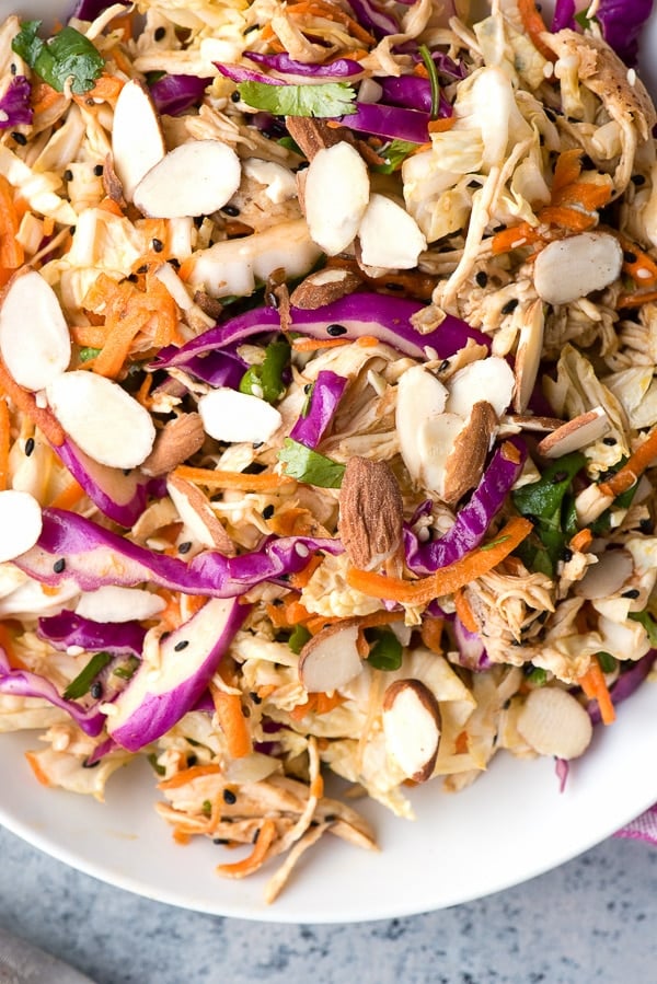 Chinese Chicken Salad close up in white bowl