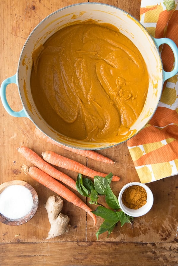 making Curried Roasted Carrot Ginger Soup in pot