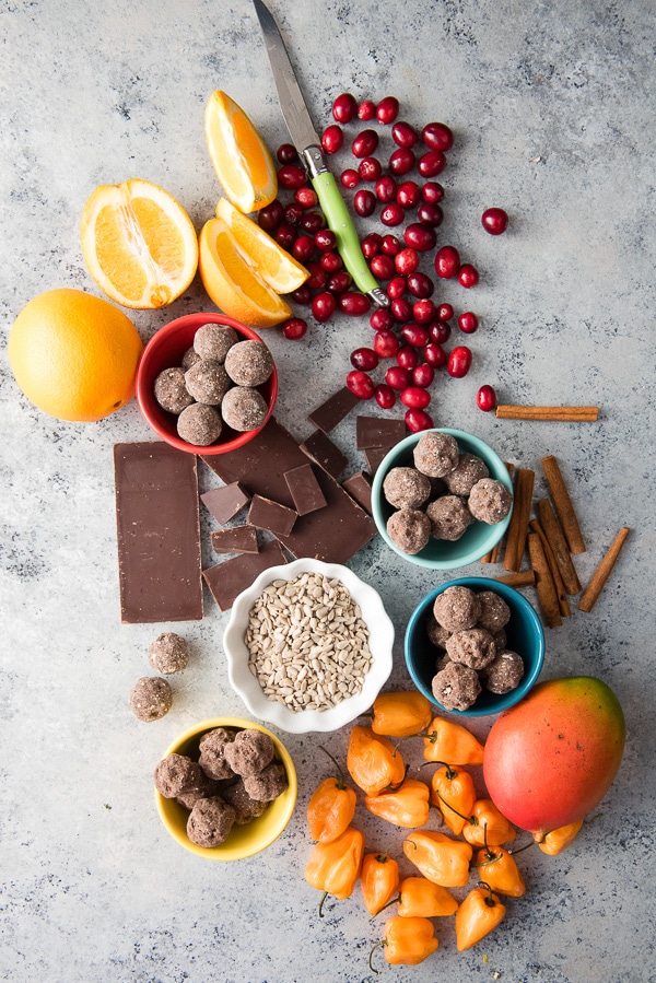 Protein bites and fresh fruits and vegetable ingredients