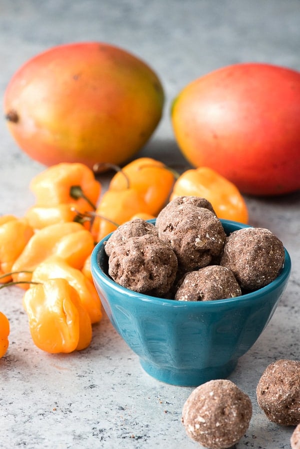 Mango-Habanero Protein bites and fresh ingredients