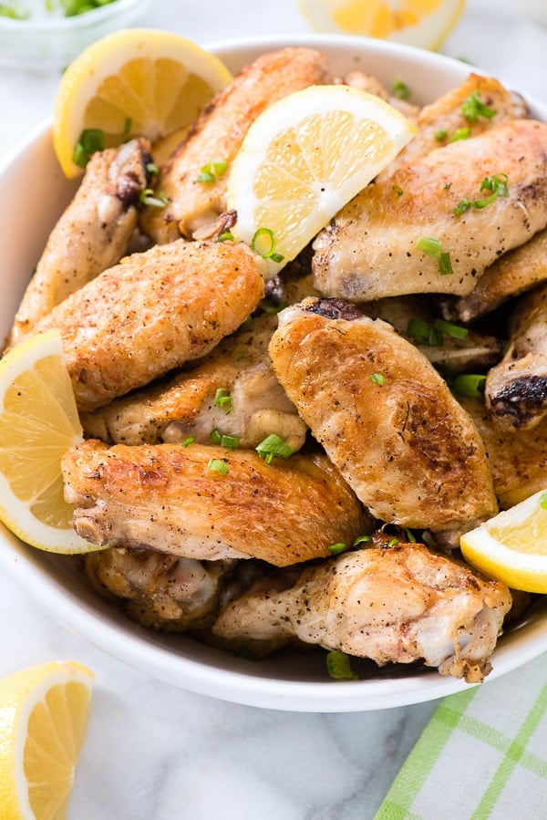 Close up of lemon garlic chicken wings