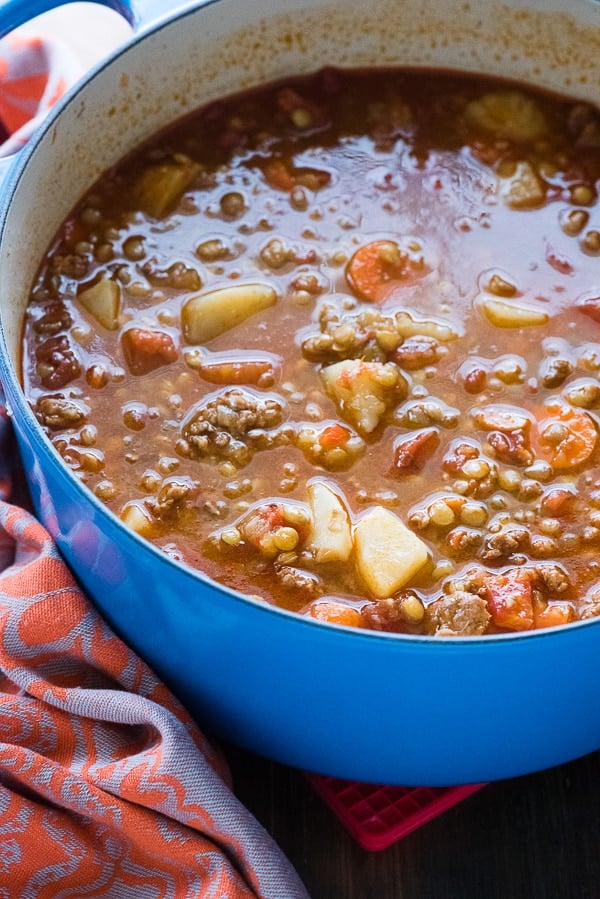 Mexican Chorizo Lentil Stew in cooking pot