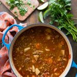 Mexican Chorizo Lentil Stew in a Dutch oven