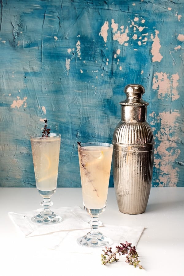 Raspberry Chambord Gin Fizz with cocktail shaker