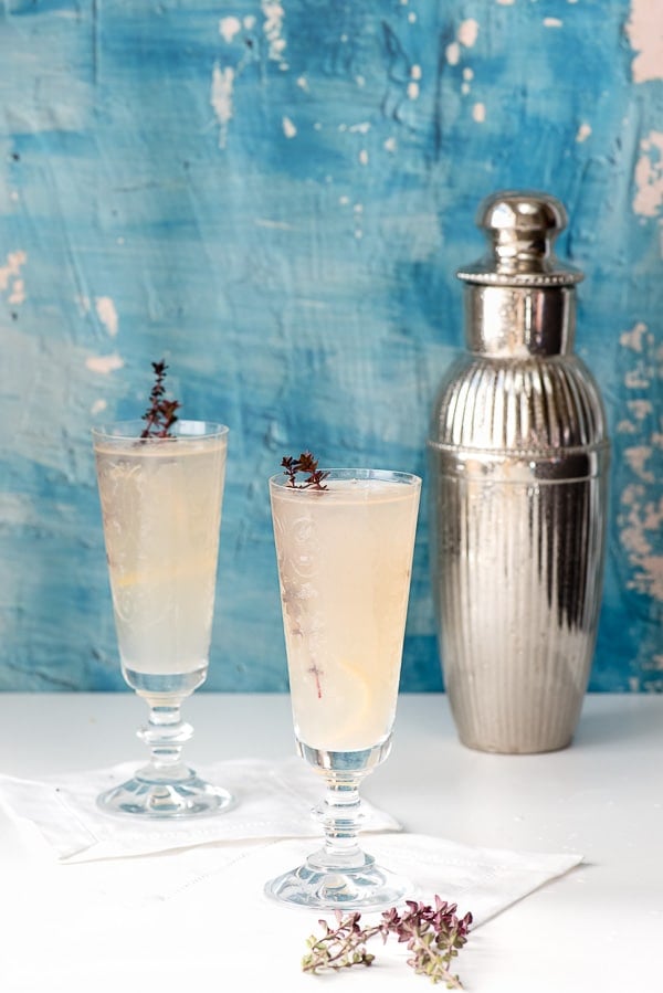 Raspberry Chambord Gin Fizz in glasses with shaker