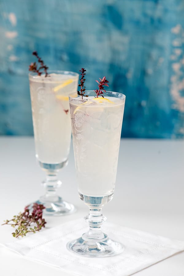 Raspberry Chambord Gin Fizz in etched glasses