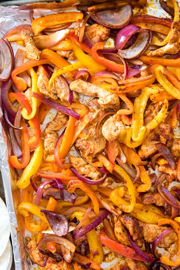 Close up of sheet pan of Chicken Fajitas (cooked)