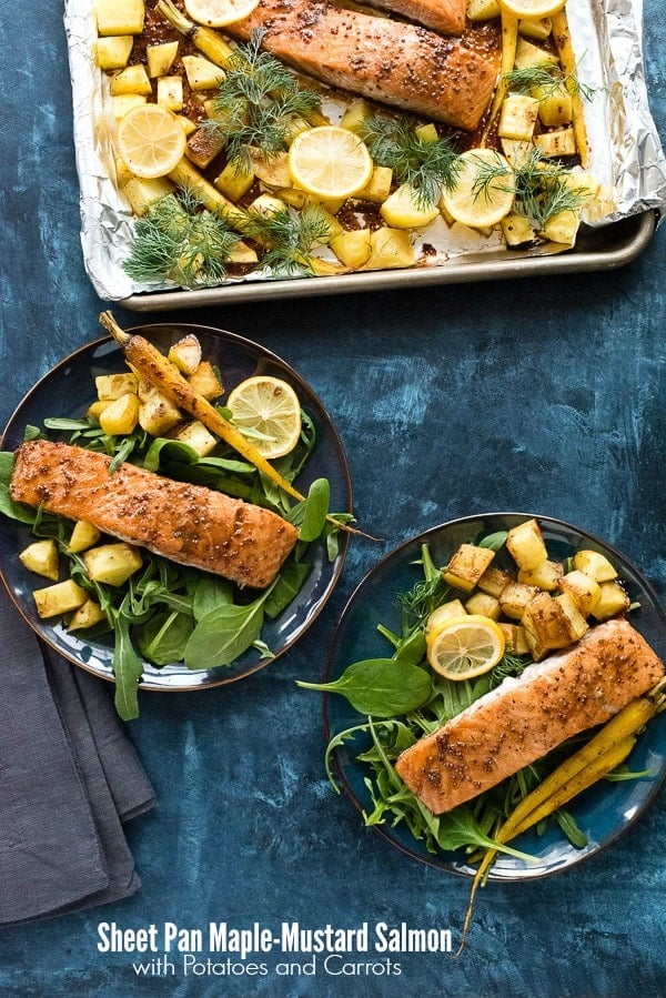 Sheet Pan Maple-Mustard Salmon with Roasted Carrots and Potatoes