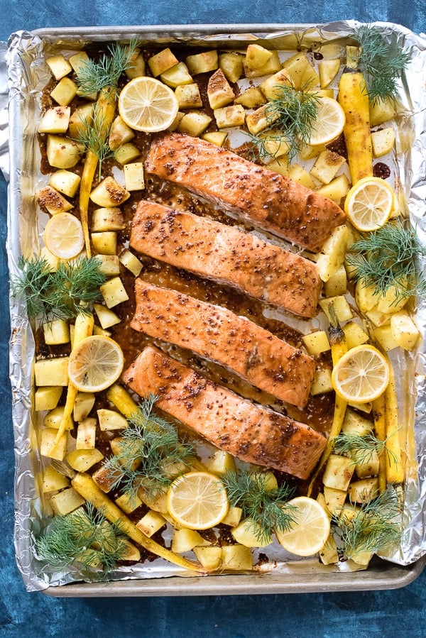 Sheet Pan Maple-Mustard Salmon with Roasted Carrots and Potatoes. 