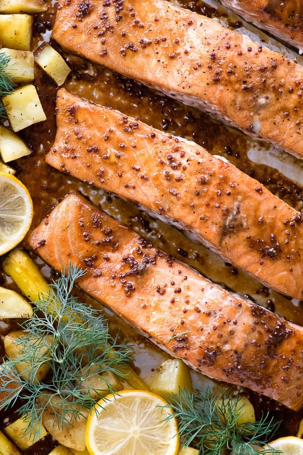 Sheet Pan Maple-Mustard Salmon with Roasted Carrots and Potatoes
